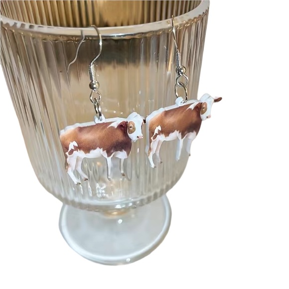 Brown and White Cow Drop Earrings - Picture 5 of 5